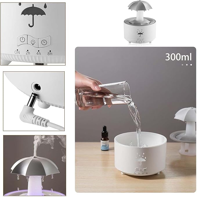 Umbrella Rain Humidifier & Diffuser - Relaxing Rainfall Effect with LED Light and Essential Oil Diffusion